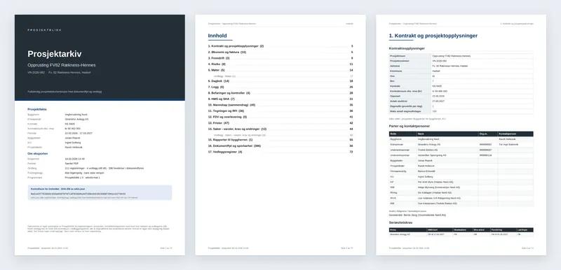 Tre sider fra et eksportert prosjektarkiv: forside, innholdsfortegnelse og kontraktsopplysninger