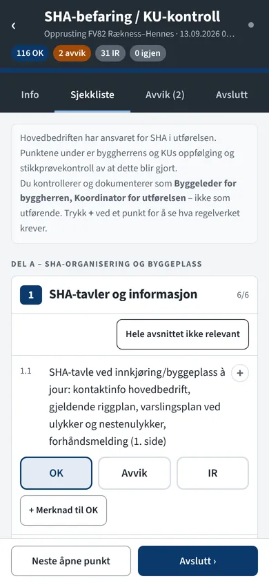 SHA-befaring på mobil med sjekklisten